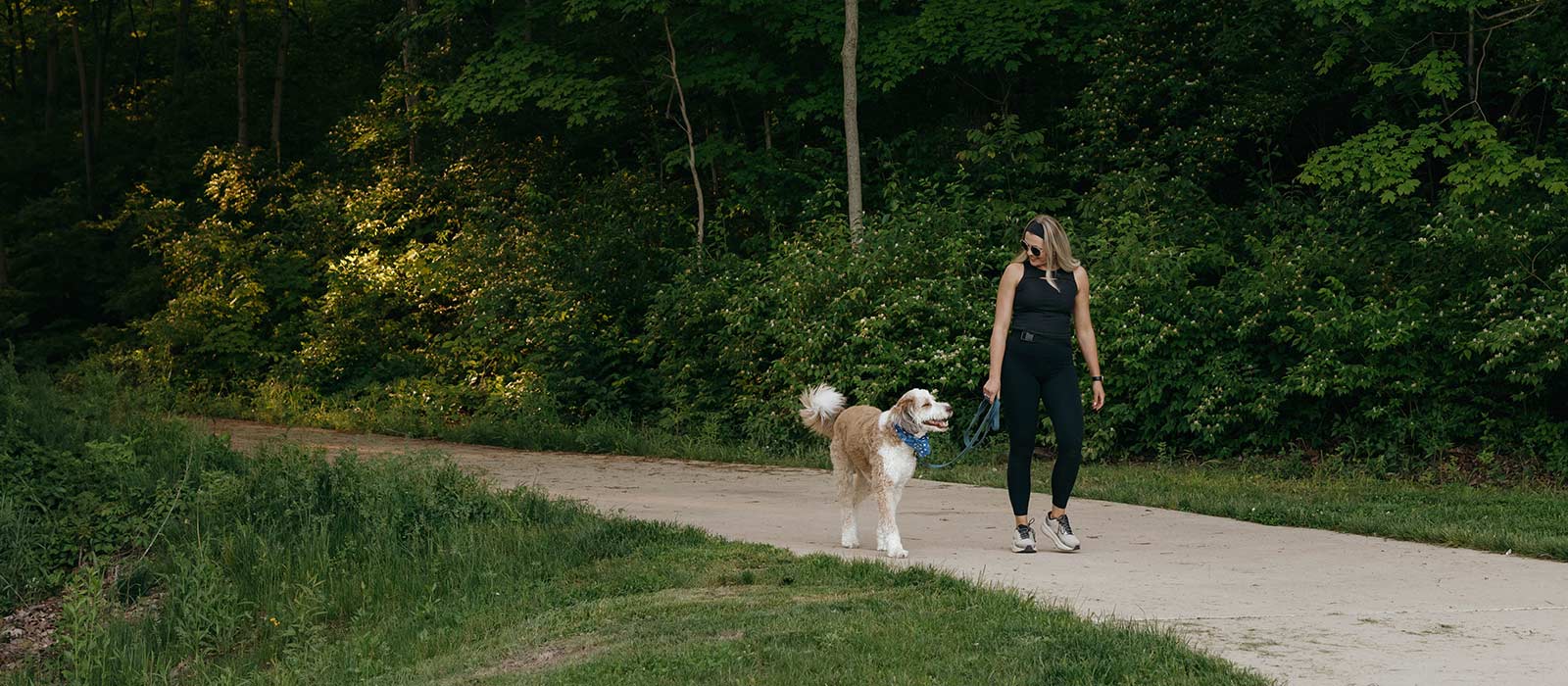 person walking dog on the trail